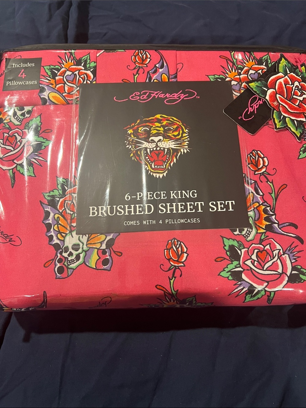 Ed Hardy Pink Floral & Tattoo Print 6-Piece King Brushed Sheet Set